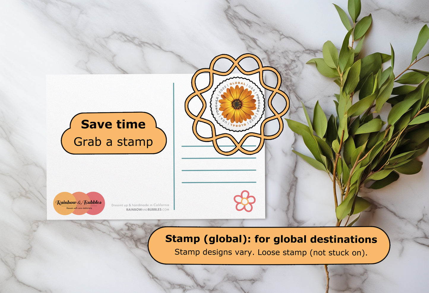 The back of a kawaii postcard from Rainbow & Bubbles with a cute and colorful design, with a global stamp included.