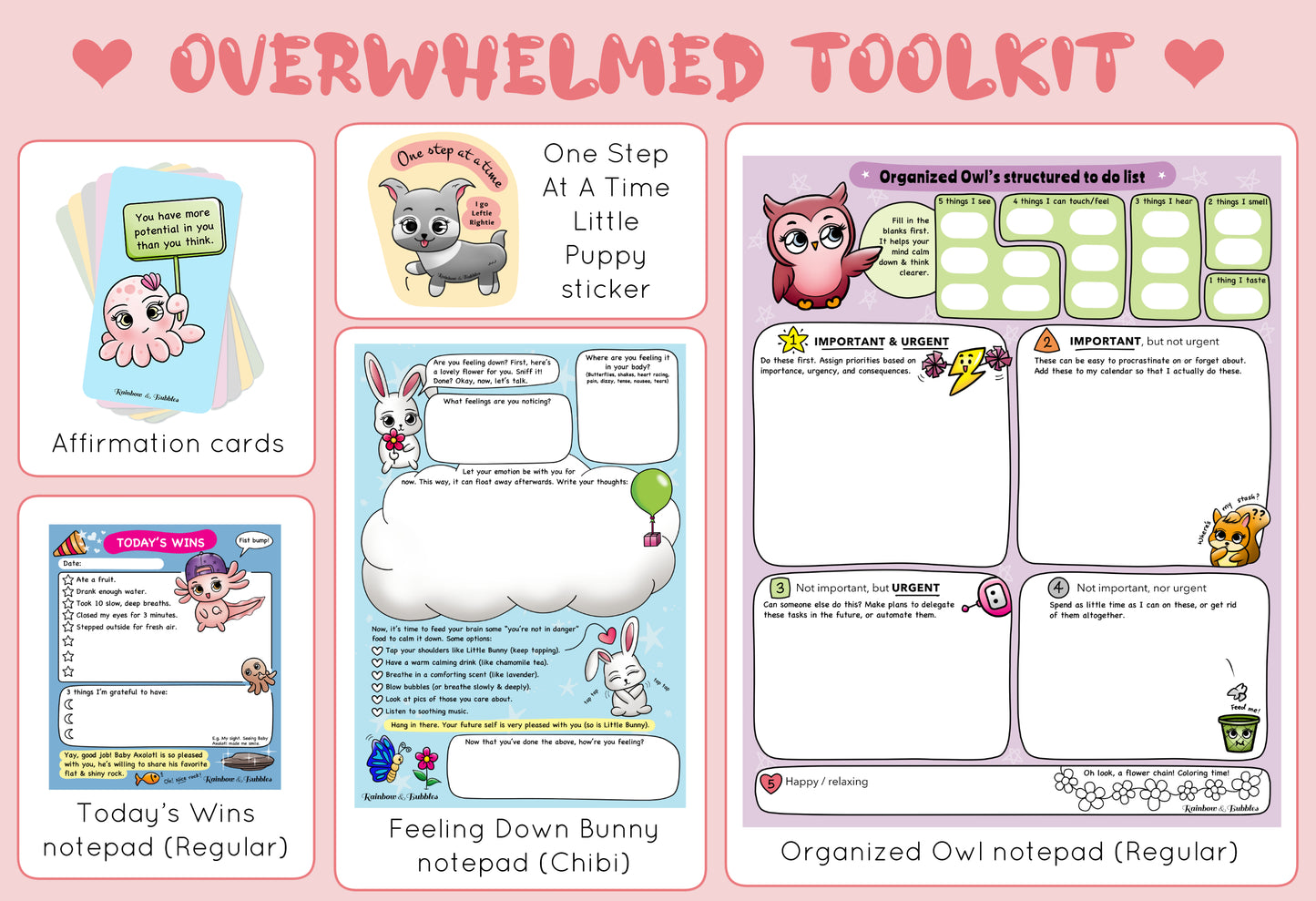 Kawaii toolkit from Rainbow & Bubbles to help with feeling overwhelmed.