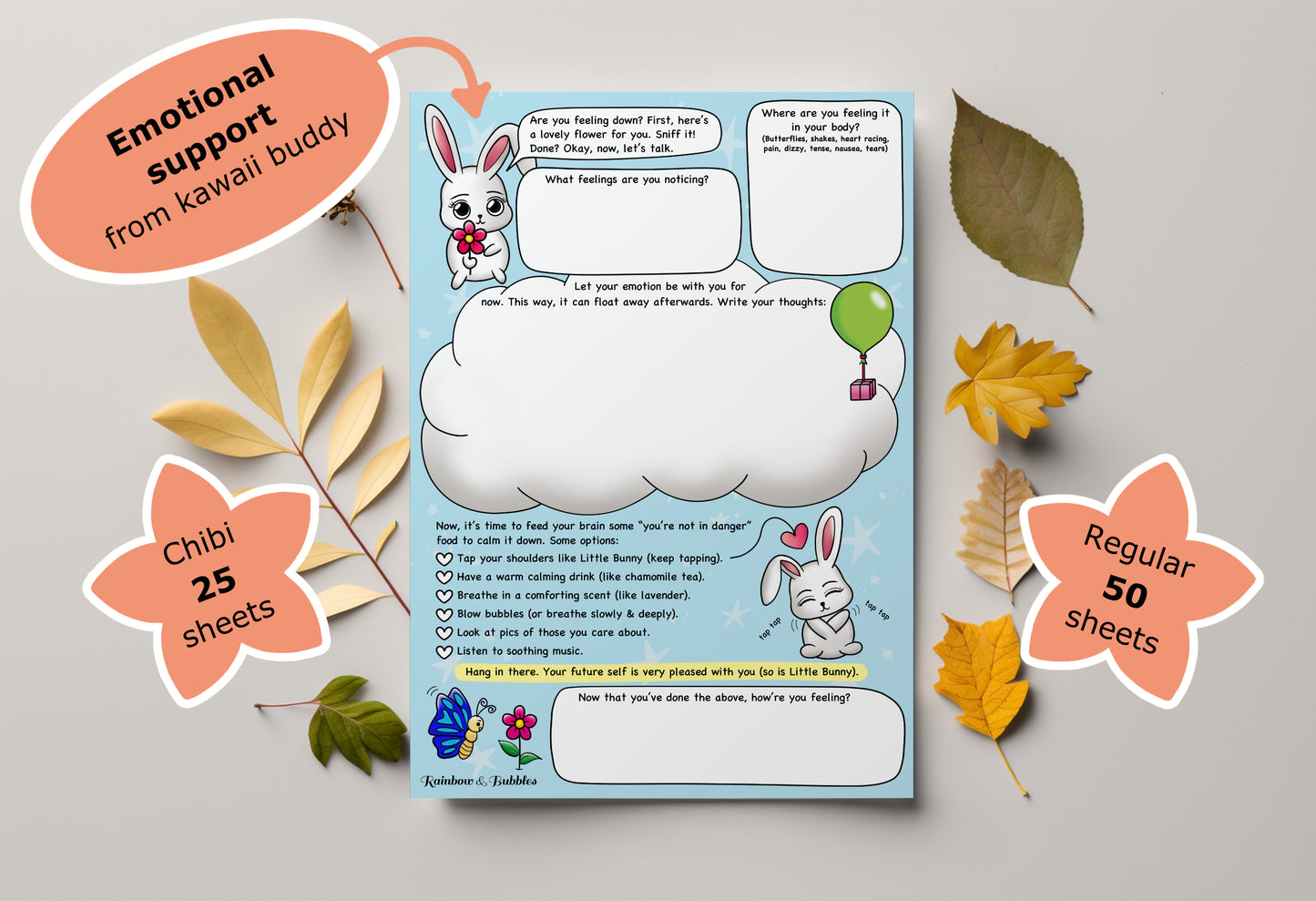 Rainbow & Bubbles kawaii notepad with text bubbles stating "emotional support from kawaii buddy" and "50 sheet".