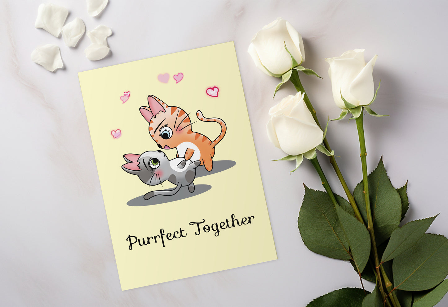 A kawaii greeting card from Rainbow & Bubbles, showing a dancing cat couple who are purrfect together | Anniversary card | Valentine's Day card