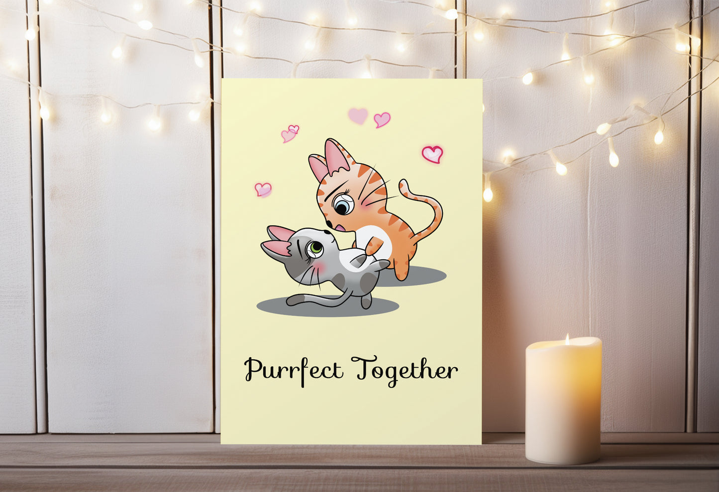 A kawaii greeting card from Rainbow & Bubbles, showing a dancing cat couple who are purrfect together | Anniversary card | Valentine's Day card