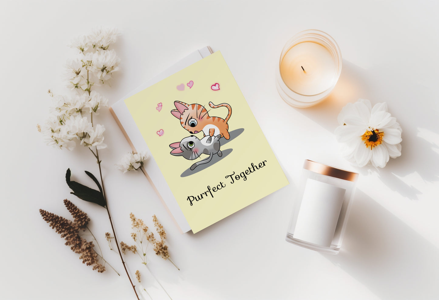 A kawaii greeting card from Rainbow & Bubbles, showing a dancing cat couple who are purrfect together | Anniversary card | Valentine's Day card