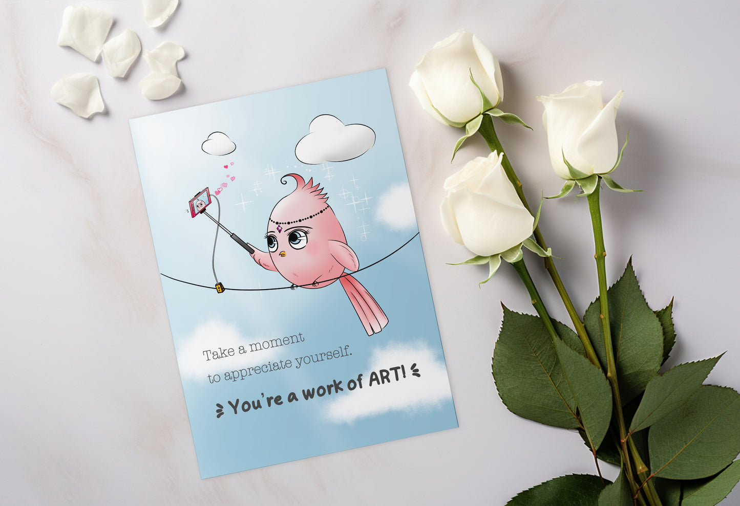 A kawaii greeting card from Rainbow & Bubbles, showing Little Birdie appreciating herself. The front says "Take a moment to appreciate yourself. You're a work of art!"