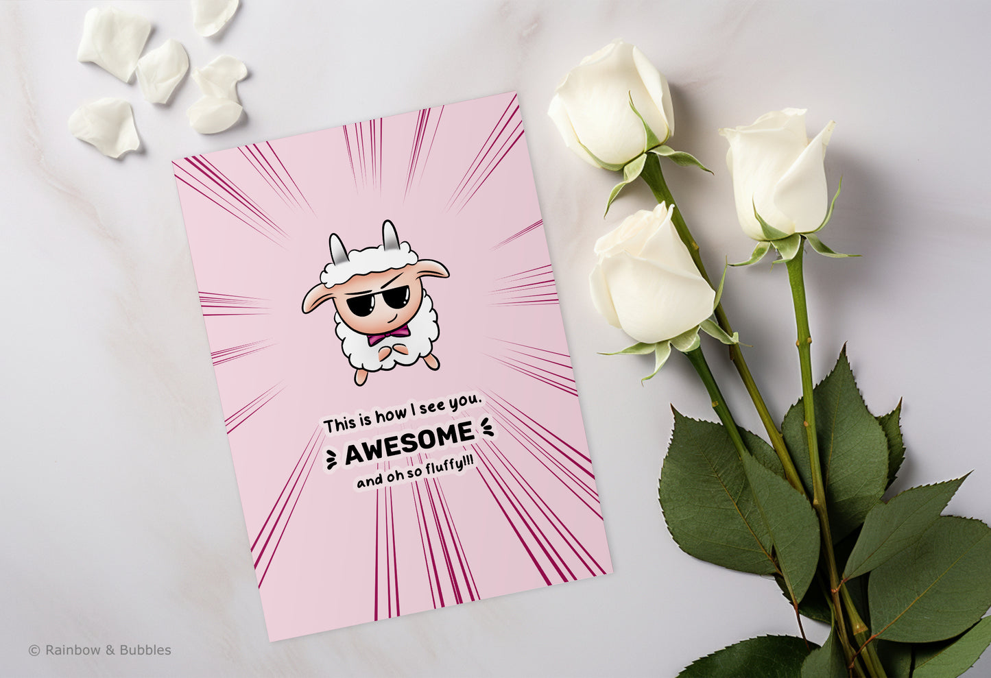 A kawaii greeting card from Rainbow & Bubbles, showing a sheep in sunglasses and bowtie.