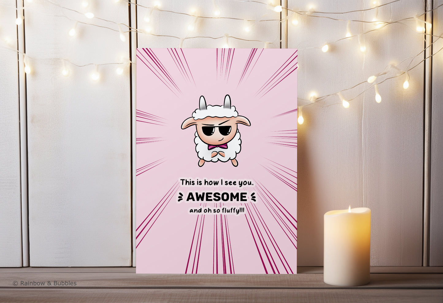 A kawaii greeting card from Rainbow & Bubbles, showing a sheep in sunglasses and bowtie.