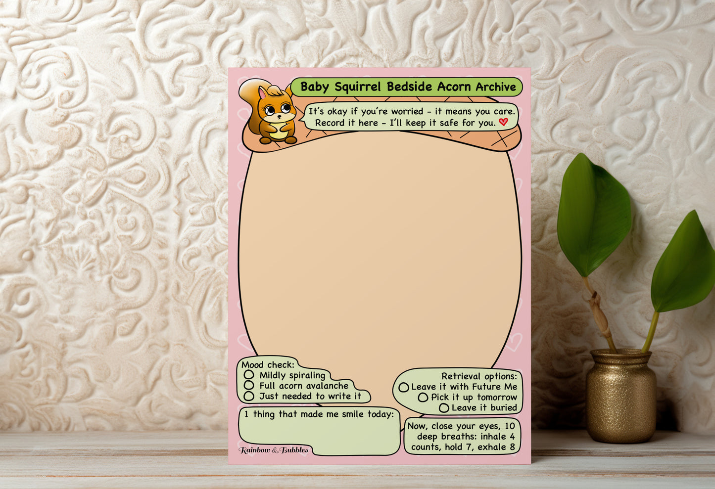 Baby Squirrel Bedside Acorn Archive guided kawaii notepad from Rainbow & Bubbles.