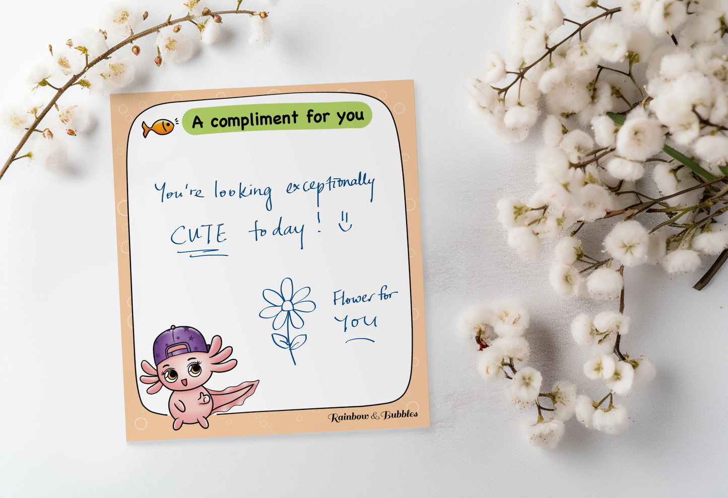 A Compliment For You guided kawaii notepad from Rainbow & Bubbles with an example.