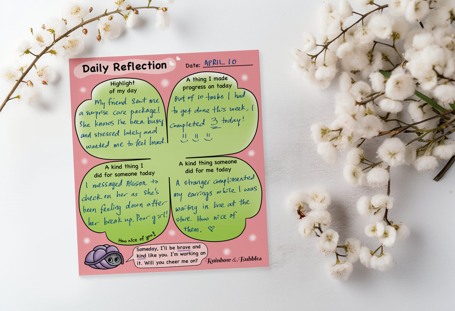 Daily Reflection guided kawaii notepad from Rainbow & Bubbles, with an example.