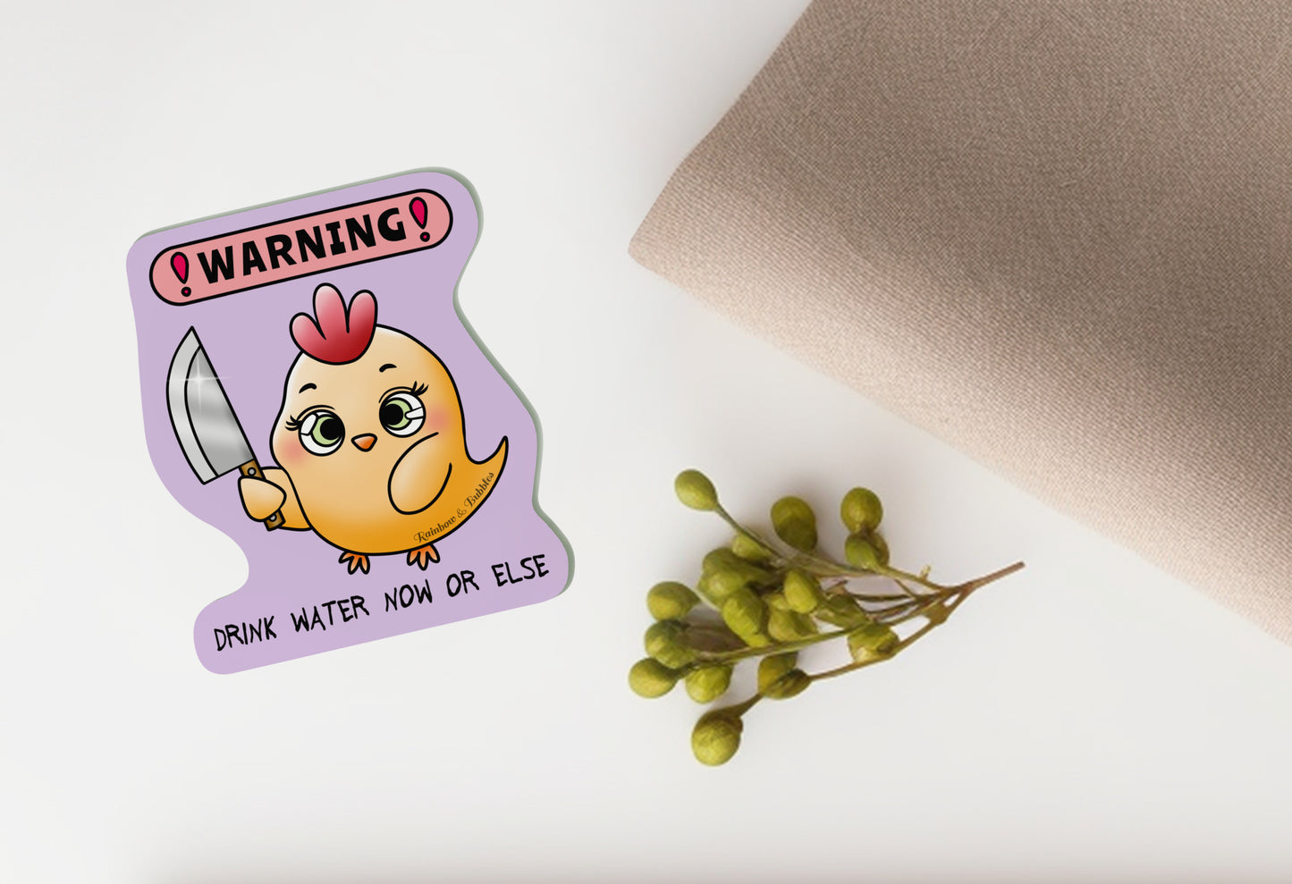 Baby Chick holding a knife menacingly kawaii vinyl sticker from Rainbow & Bubbles, with "warning, drink water now or else" text.