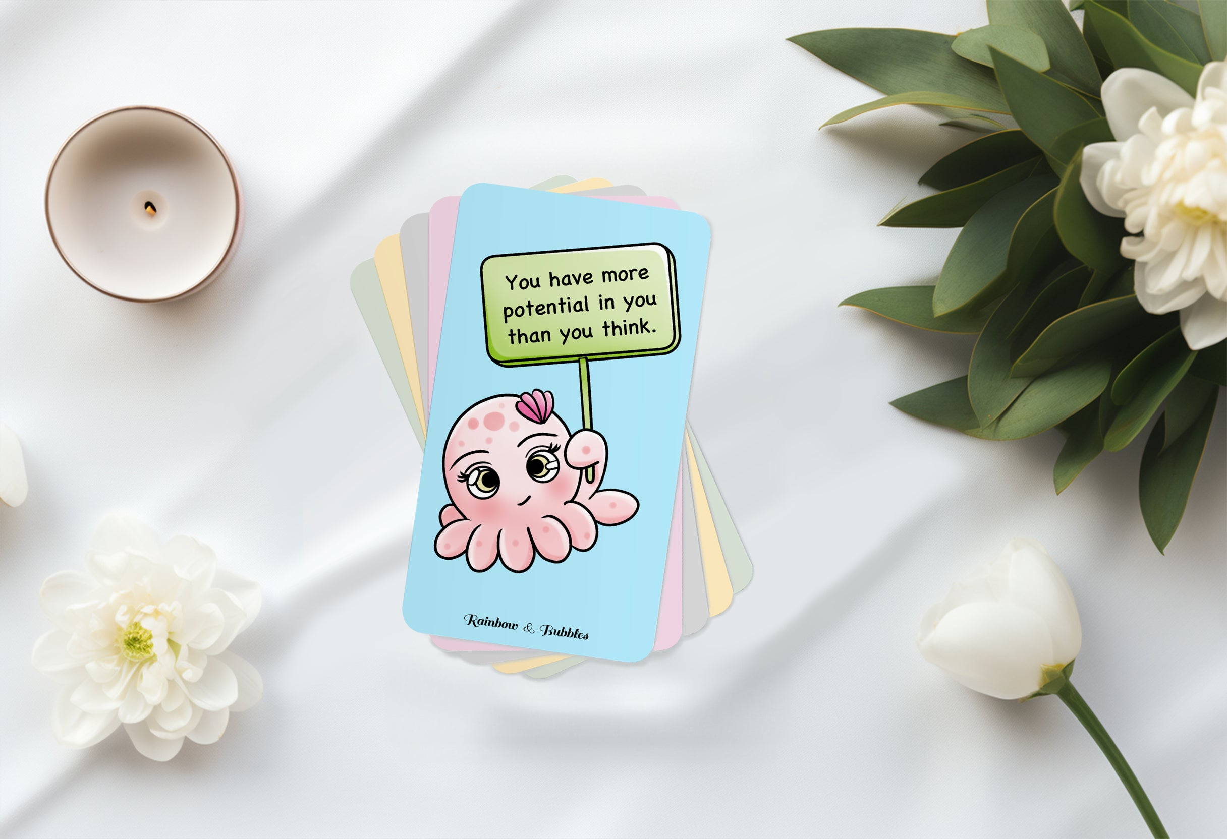 Kawaii affirmation card deck from Rainbow & Bubbles. Contains 24 cards per deck.