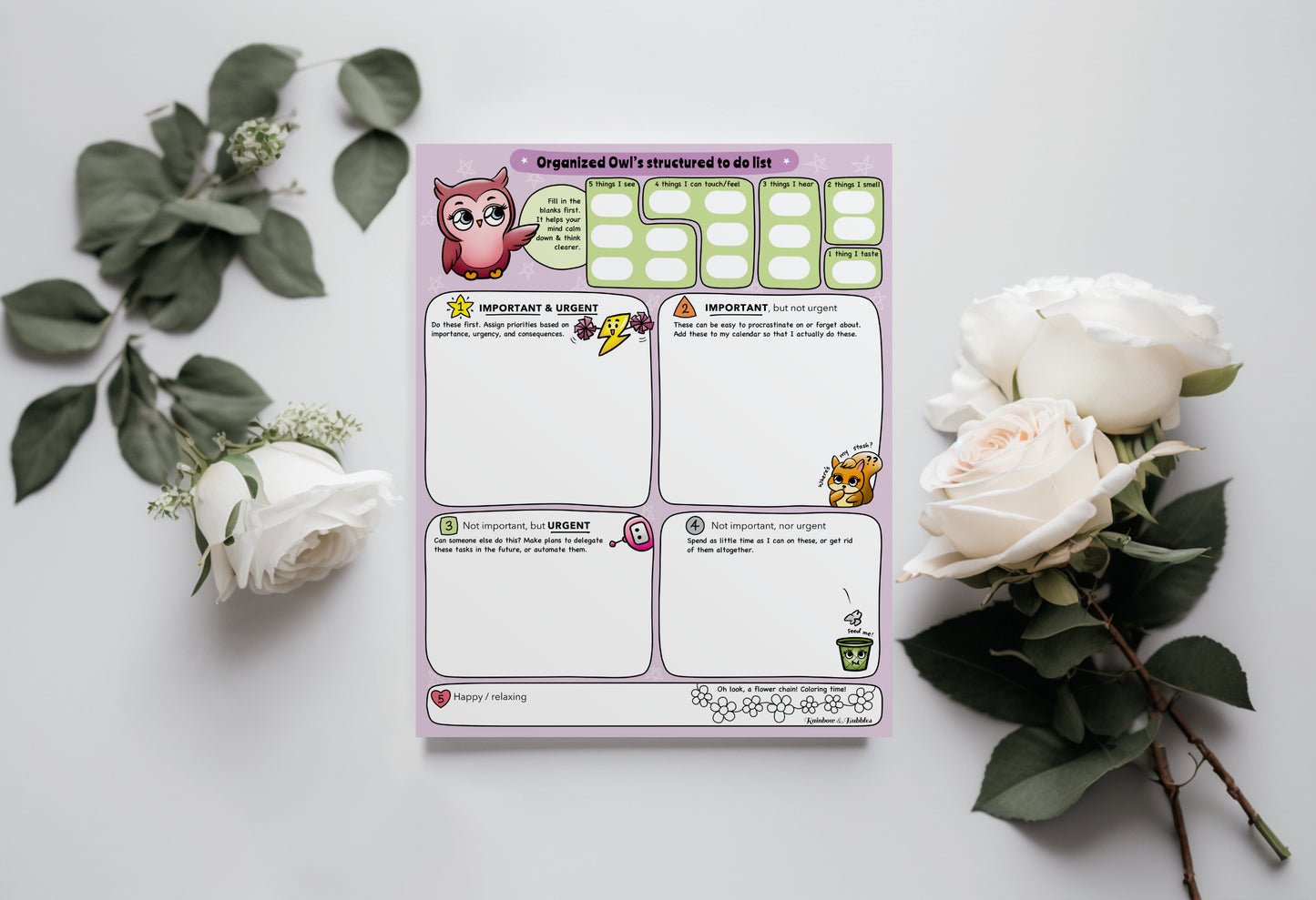 Organized Owl's To Do List guided kawaii notepad from Rainbow & Bubbles.