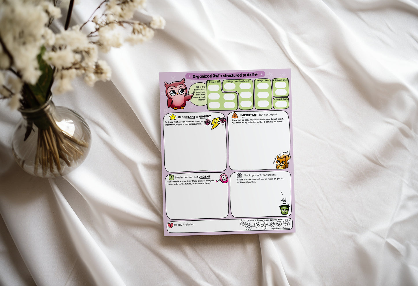 Organized Owl's To Do List guided kawaii notepad from Rainbow & Bubbles.