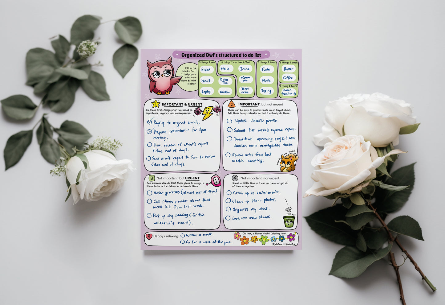 Organized Owl's To Do List guided kawaii notepad from Rainbow & Bubbles, with an example.