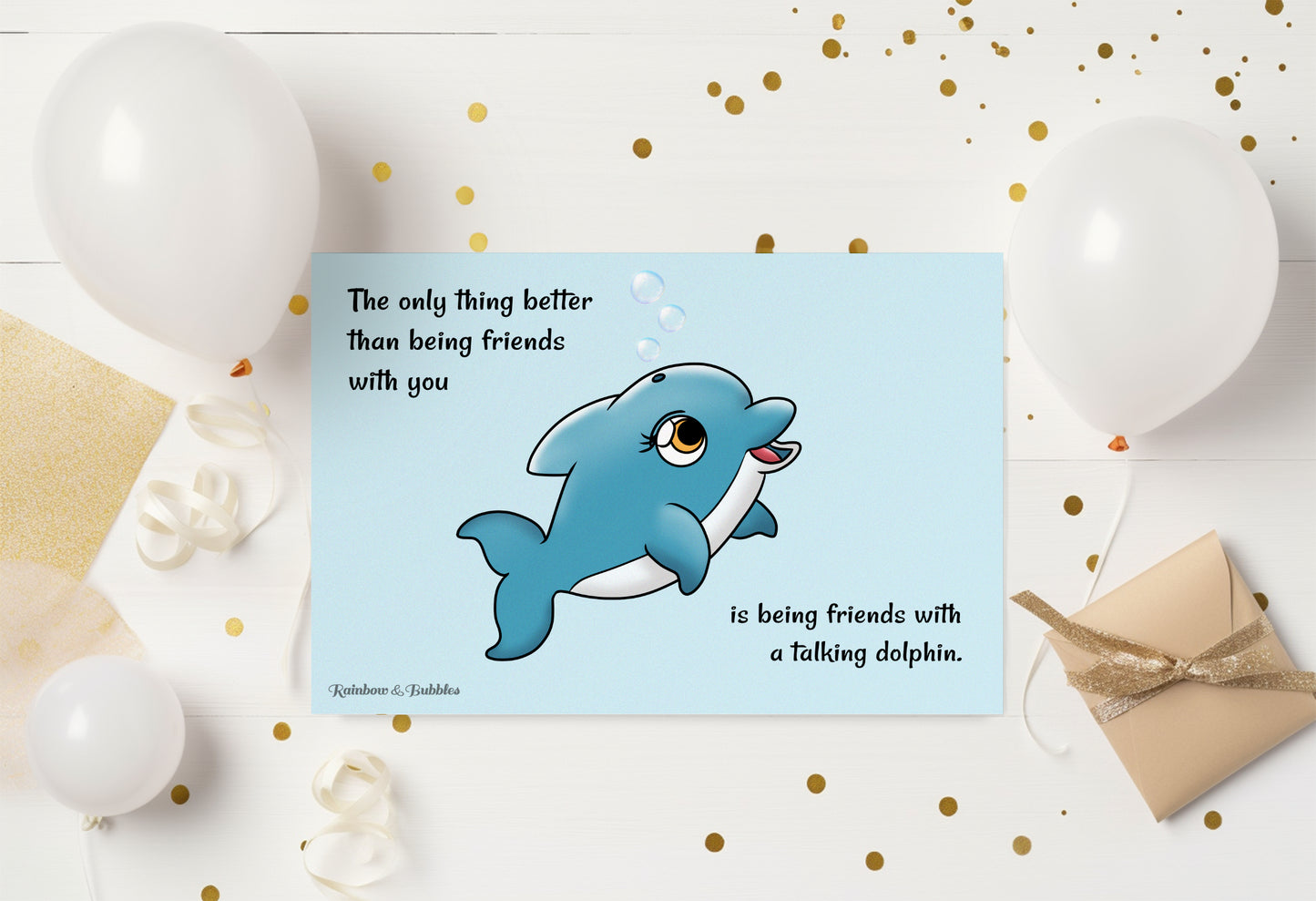 A kawaii postcard from Rainbow & Bubbles, showing a happy dolphin blowing bubbles.