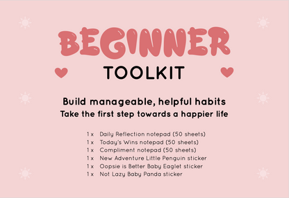 Beginner Toolkit from Rainbow & Bubbles to help you feel happier every day. Cute notepads & cute stickers - Daily Reflection, Compliment, Today's Wins notepads, Oopsie is Better Eaglet sticker, Not Lazy Panda sticker, New Adventure Penguin sticker