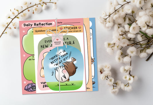 Beginner Toolkit from Rainbow & Bubbles to help you feel happier every day. Cute notepads & cute stickers - Daily Reflection, Compliment, Today's Wins notepads, Oopsie is Better Eaglet sticker, Not Lazy Panda sticker, New Adventure Penguin sticker