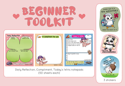 Beginner Toolkit from Rainbow & Bubbles to help you feel happier every day. Cute notepads & cute stickers - Daily Reflection, Compliment, Today's Wins notepads, Oopsie is Better Eaglet sticker, Not Lazy Panda sticker, New Adventure Penguin sticker.