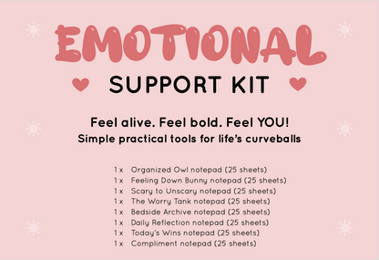 Emotional Support Kit from Rainbow & Bubbles to help you feel happier every day. Owl structured to-do list notepad, Feeling Down Bunny notepad, Bedside Archive Squirrel notepad, Worry Tank Pufferfish notepad, Scary to Unscary Elephant notepad, Daily Reflection, Compliment, Today's Wins notepads.