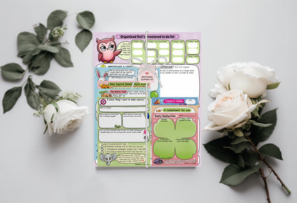 Emotional Support Kit from Rainbow & Bubbles to help you feel happier every day. Owl structured to-do list notepad, Feeling Down Bunny notepad, Bedside Archive Squirrel notepad, Worry Tank Pufferfish notepad, Scary to Unscary Elephant notepad, Daily Reflection, Compliment, Today's Wins notepads.