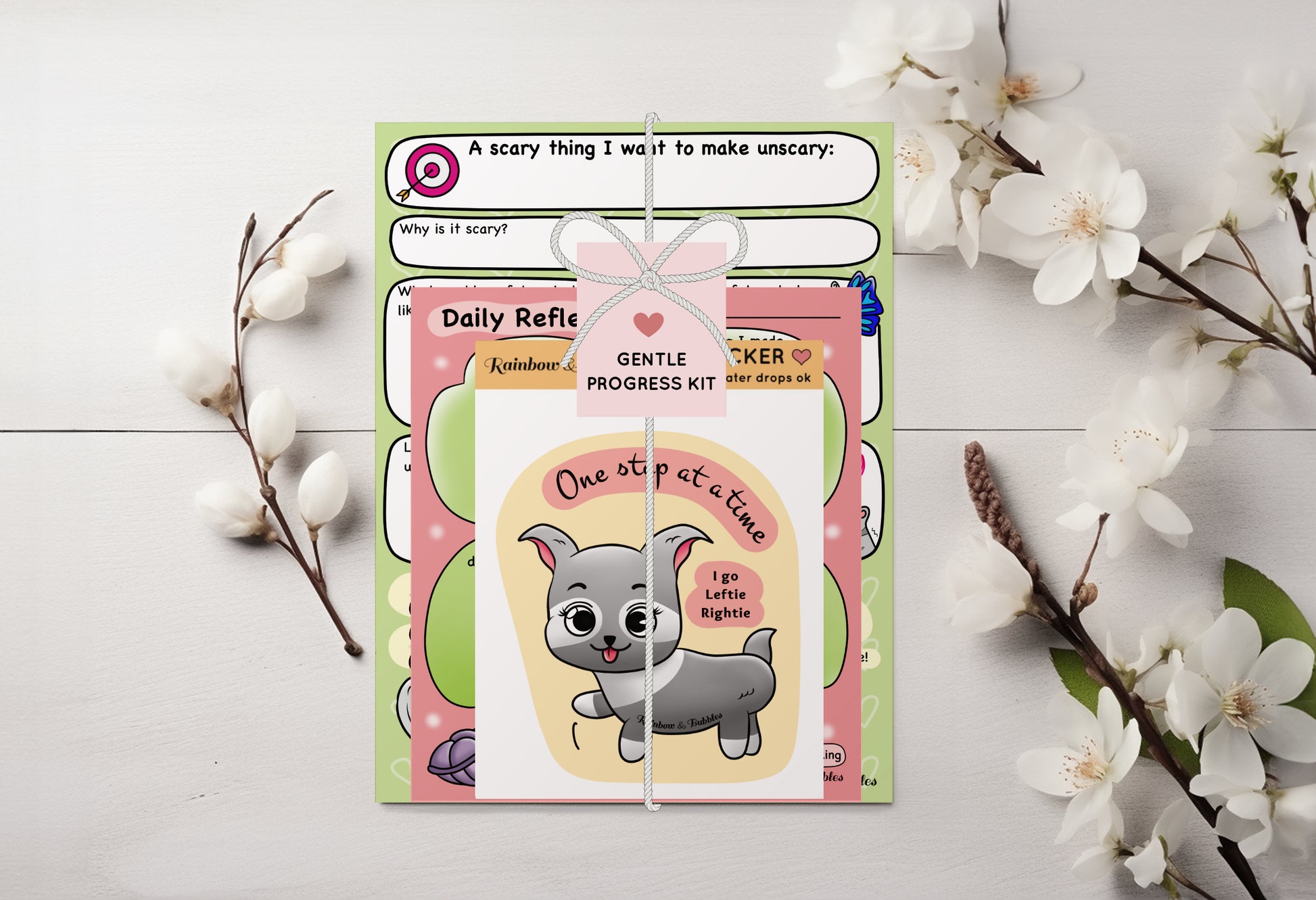 Gentle Progress Kit from Rainbow & Bubbles. Scary to Unscary cute Elephant notepad, Daily Reflection cute clover notepad, One step at a time Little Puppy sticker