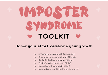 Imposter Syndrome Toolkit from Rainbow & Bubbles, including 1x affirmation card deck with 24 cards, 1x scary to unscary chibi notepad, 3 x small chibi notepads, 1 x New Adventure Little Penguin sticker.