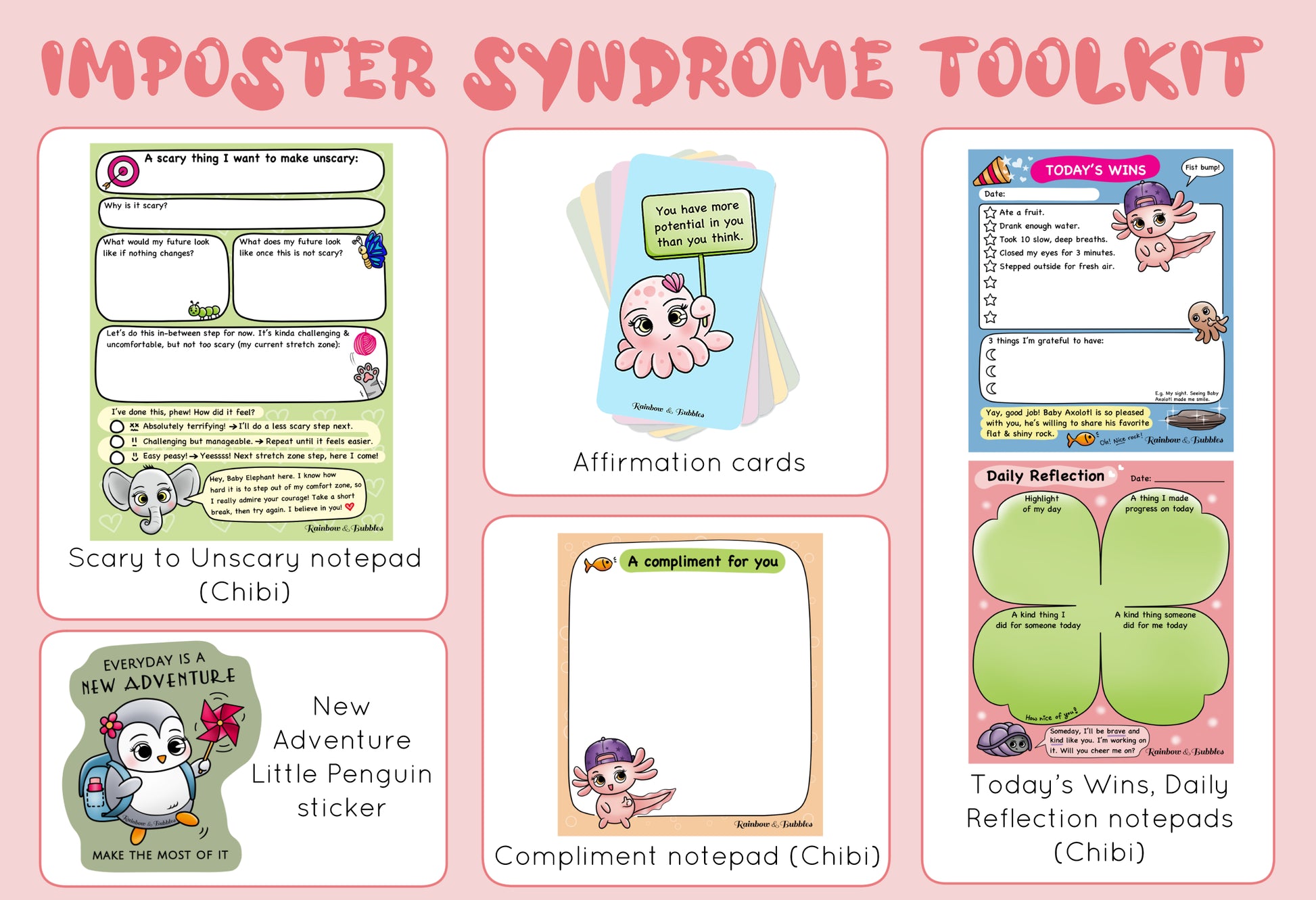 Kawaii toolkit from Rainbow & Bubbles to help with imposter syndrome.