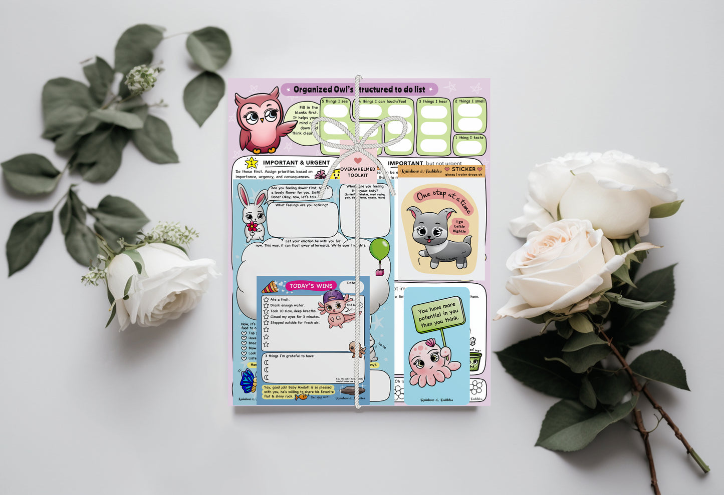Kawaii Overwhelmed toolkit from Rainbow & Bubbles to help with feeling overwhelmed. Owl structured to-do list notepad, Feeling Down Bunny notepad, Today's Wins notepad, affirmation card deck (24 cards), One Step At A Time Little Puppy sticker.