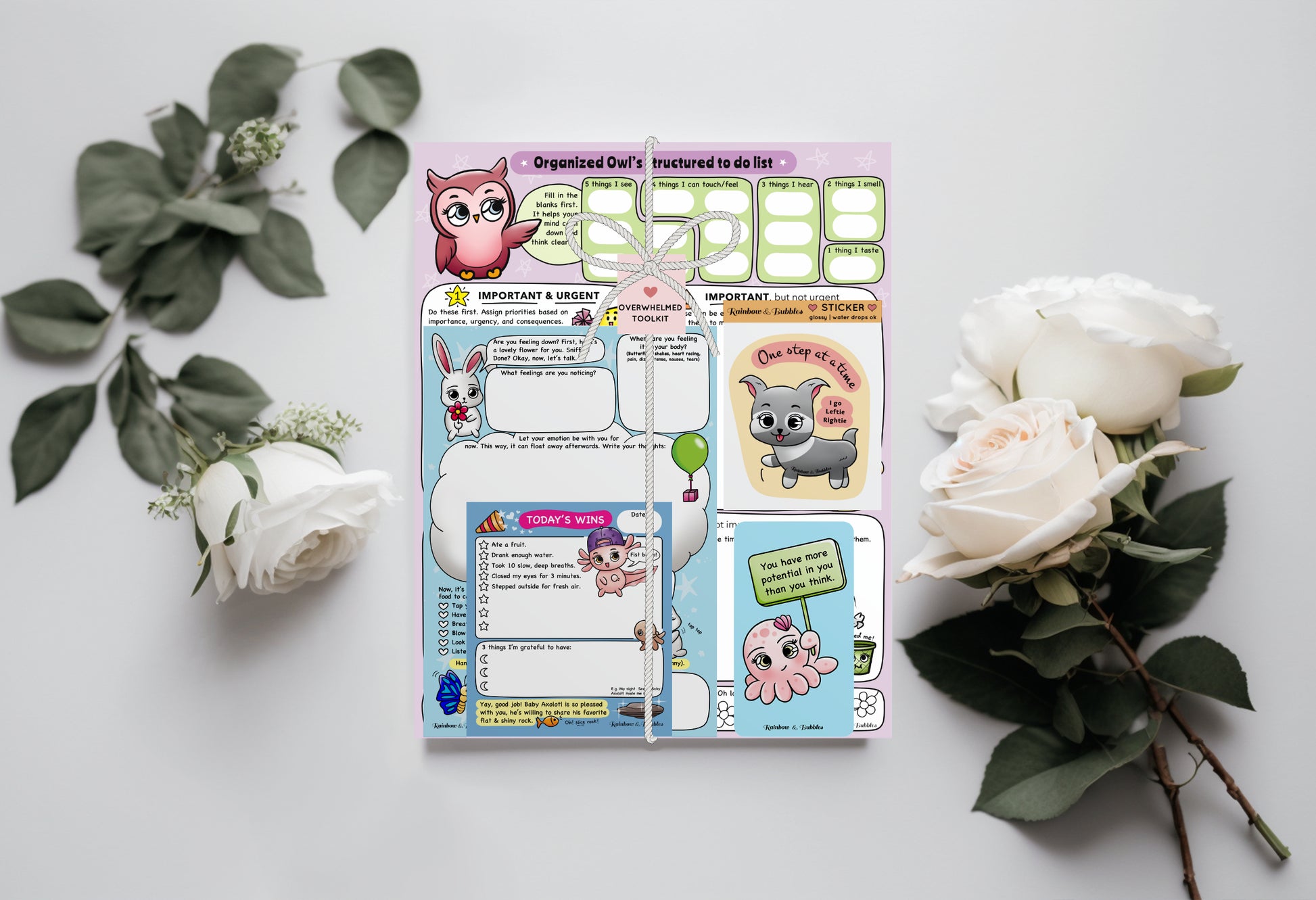 Kawaii Overwhelmed toolkit from Rainbow & Bubbles to help with feeling overwhelmed. Owl structured to-do list notepad, Feeling Down Bunny notepad, Today's Wins notepad, affirmation card deck (24 cards), One Step At A Time Little Puppy sticker.