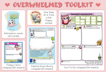 Kawaii Overwhelmed toolkit from Rainbow & Bubbles to help with feeling overwhelmed. Owl structured to-do list notepad, Feeling Down Bunny notepad, Today's Wins notepad, affirmation card deck (24 cards), One Step At A Time Little Puppy sticker.