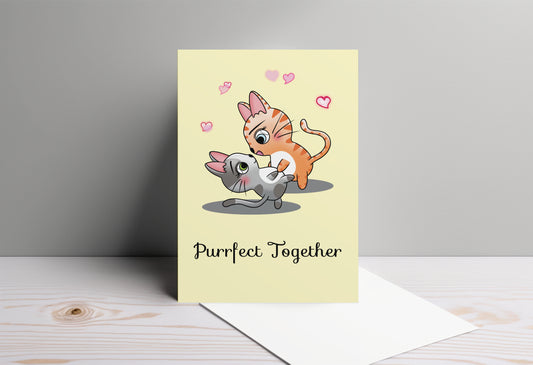 A kawaii greeting card from Rainbow & Bubbles, showing a dancing cat couple who are purrfect together | Anniversary card | Valentine's Day card