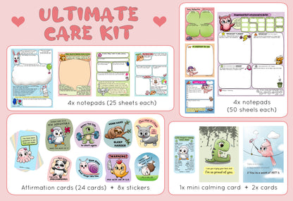 Ultimate Care Kit from Rainbow & Bubbles. Affirmation cards, Owl structured to-do list notepad, Feeling Down Bunny notepad, Bedside Archive Squirrel notepad, Worry Tank Pufferfish notepad, Scary to Unscary Elephant notepad, Daily Reflection, Compliment, Today's Wins notepads, stickers, calming cheat sheet, cards.