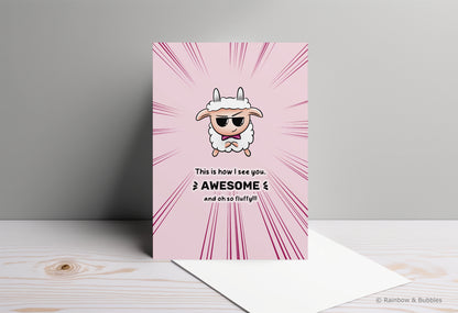 A kawaii greeting card from Rainbow & Bubbles, showing a sheep in sunglasses and bowtie.
