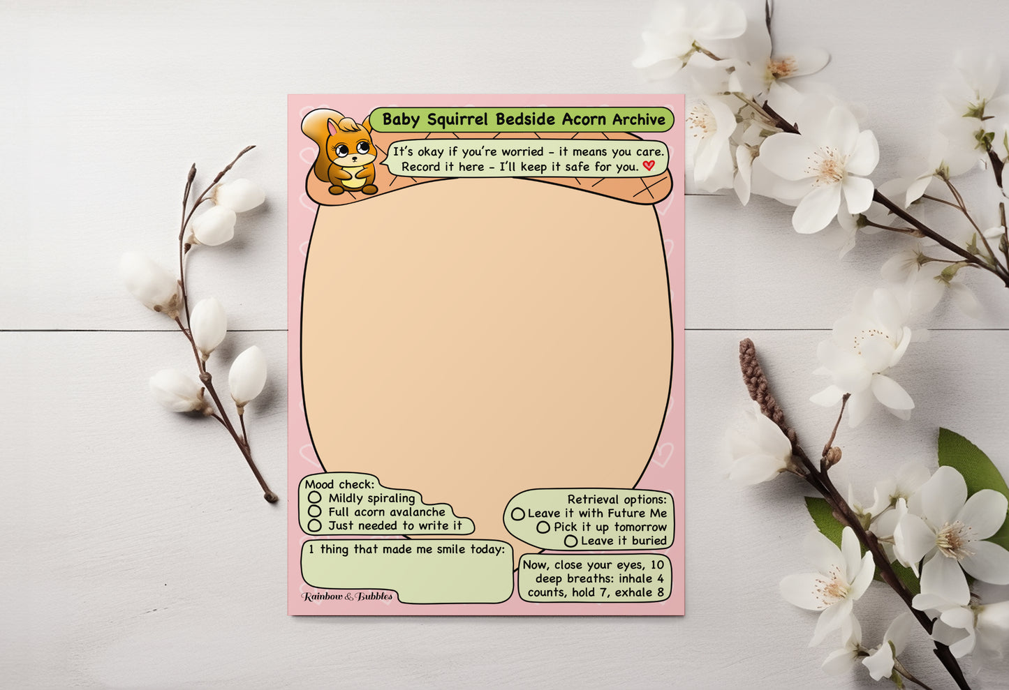 Baby Squirrel Bedside Acorn Archive guided kawaii notepad from Rainbow & Bubbles.