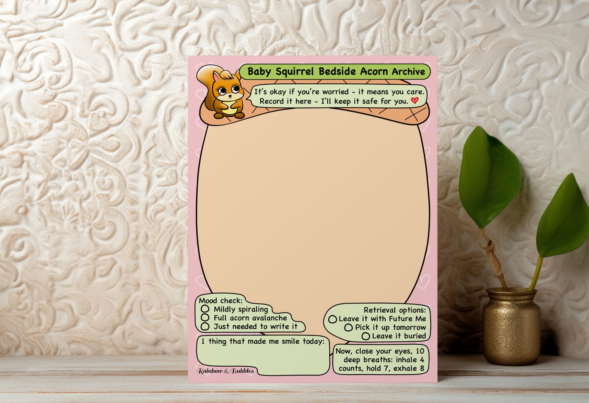 Baby Squirrel Bedside Acorn Archive guided kawaii notepad from Rainbow & Bubbles.