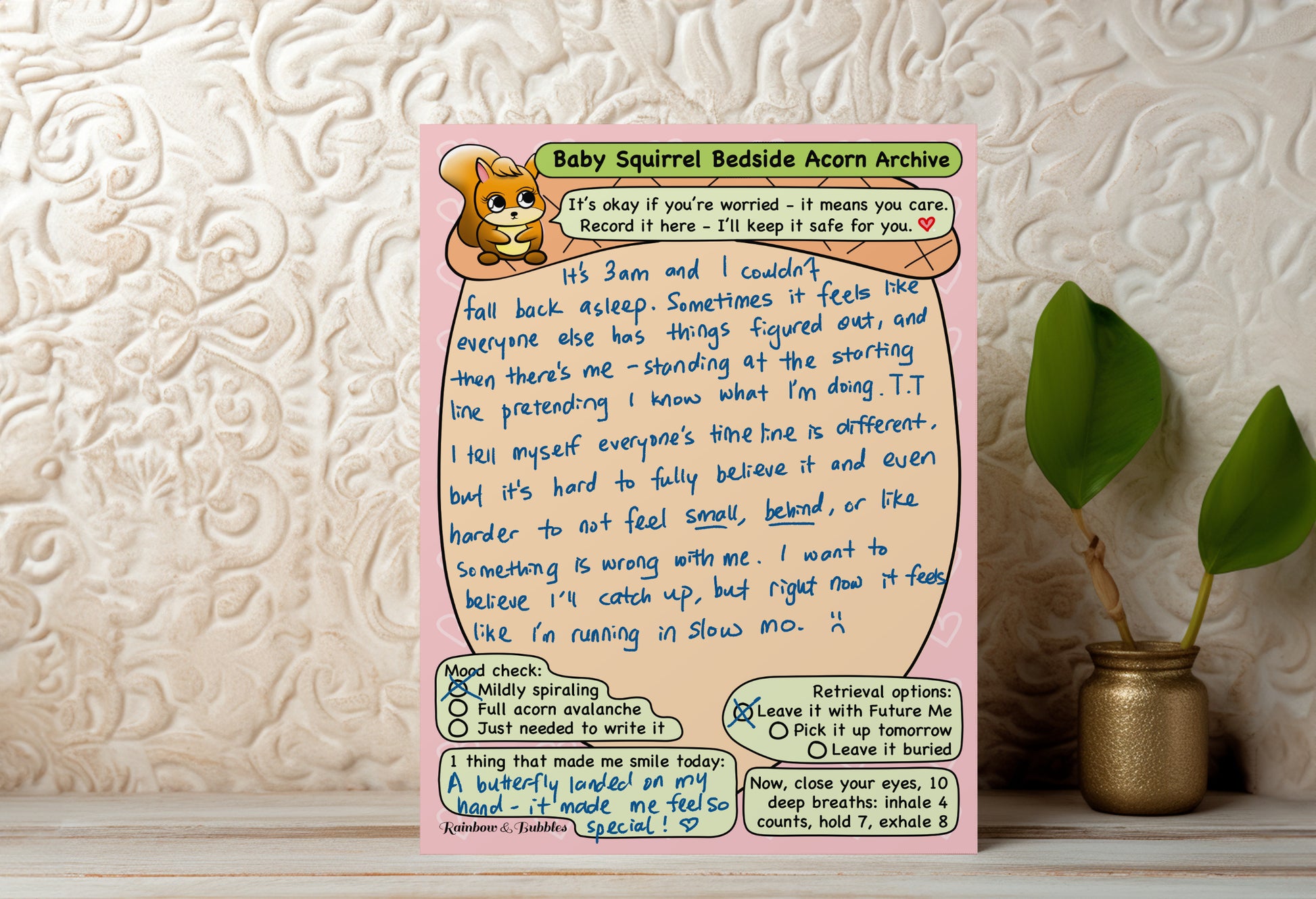 Baby Squirrel Bedside Acorn Archive guided kawaii notepad from Rainbow & Bubbles.