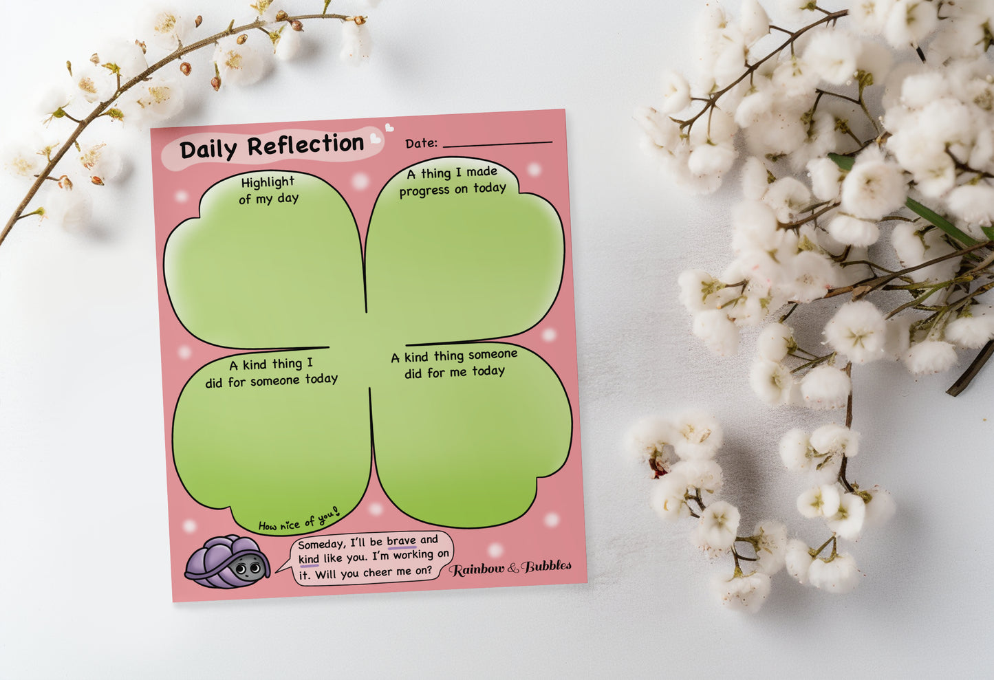 Daily Reflection guided kawaii notepad from Rainbow & Bubbles.