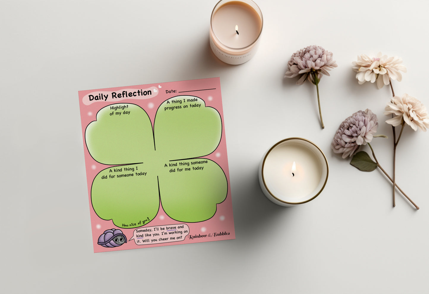 Daily Reflection guided kawaii notepad from Rainbow & Bubbles.