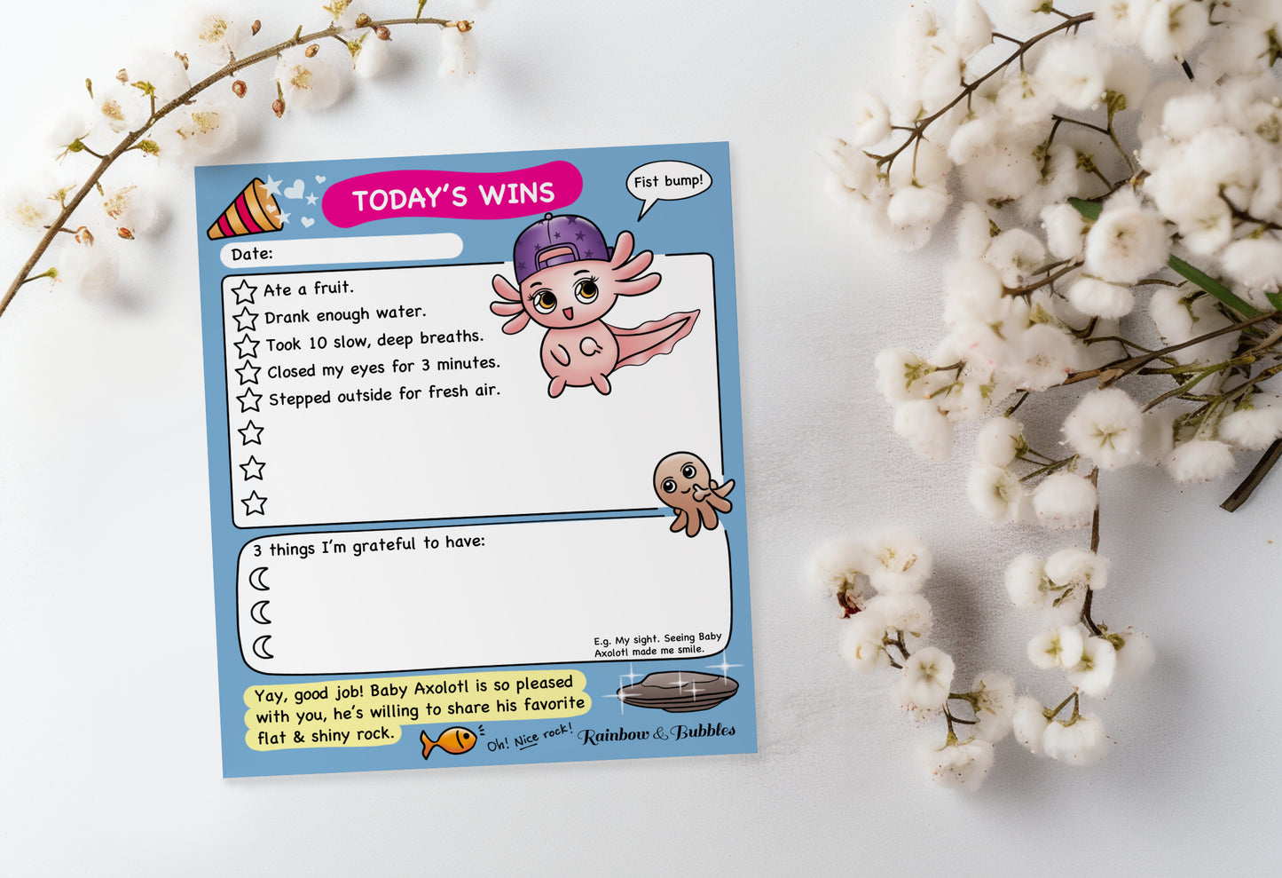 Today's Wins guided kawaii notepad from Rainbow & Bubbles.