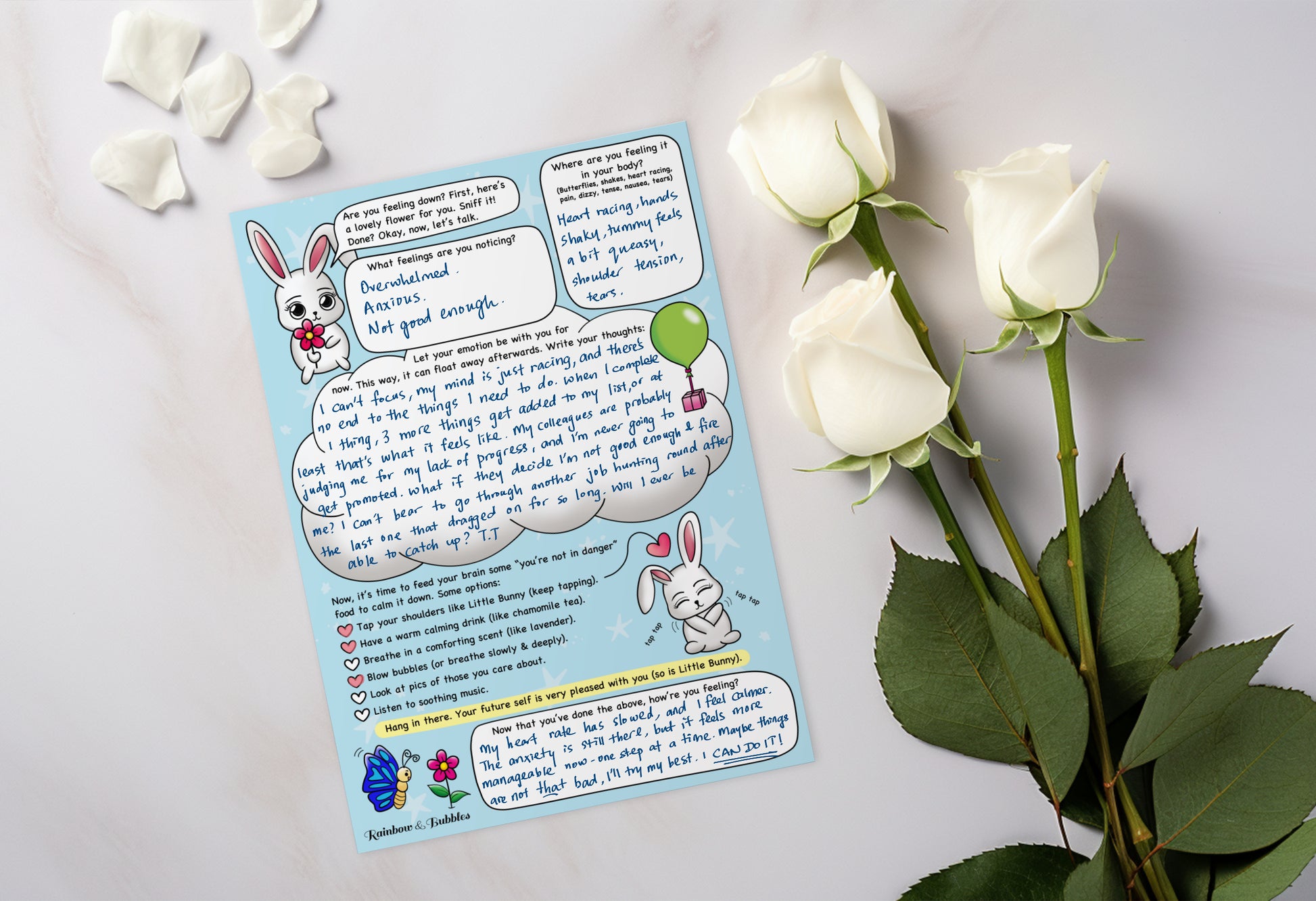 Feeling Down guided kawaii notepad from Rainbow & Bubbles, with an example.