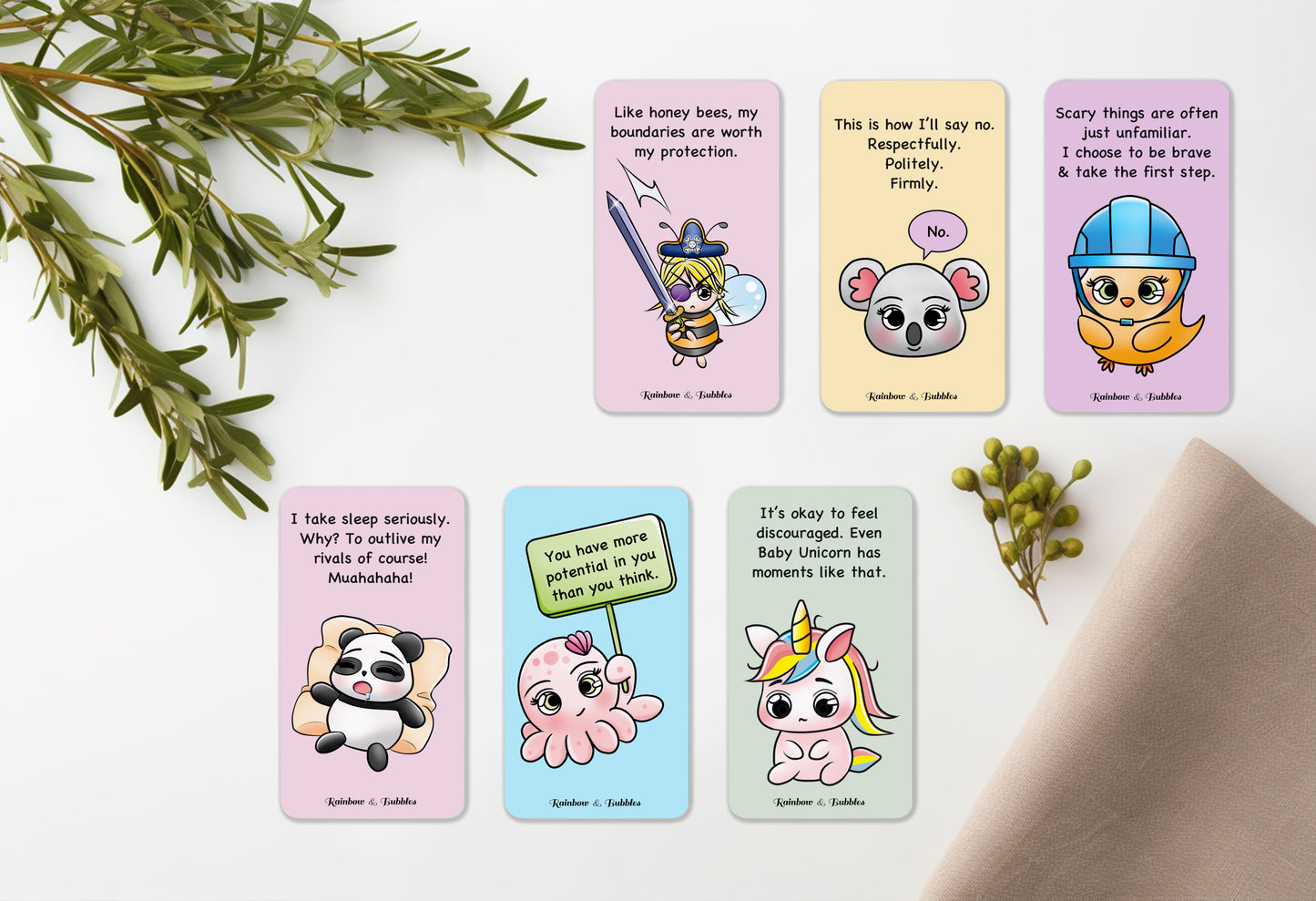 Kawaii affirmation card deck from Rainbow & Bubbles. Contains 24 cards per deck.