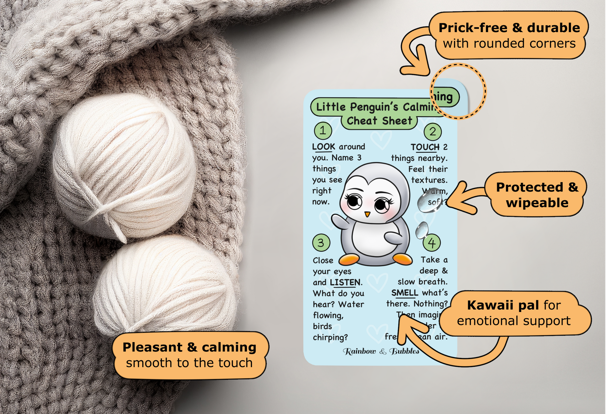 Little Penguin Calming Cheat Sheet Mini Card from Rainbow & Bubbles.