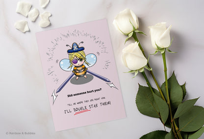 A kawaii greeting card from Rainbow & Bubbles, showing a pirate bee with massive swords.