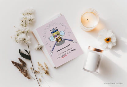 A kawaii greeting card from Rainbow & Bubbles, showing a pirate bee with massive swords.