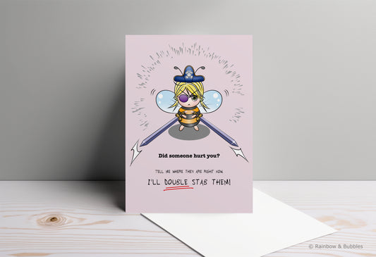 A kawaii greeting card from Rainbow & Bubbles, showing a pirate bee with massive swords.