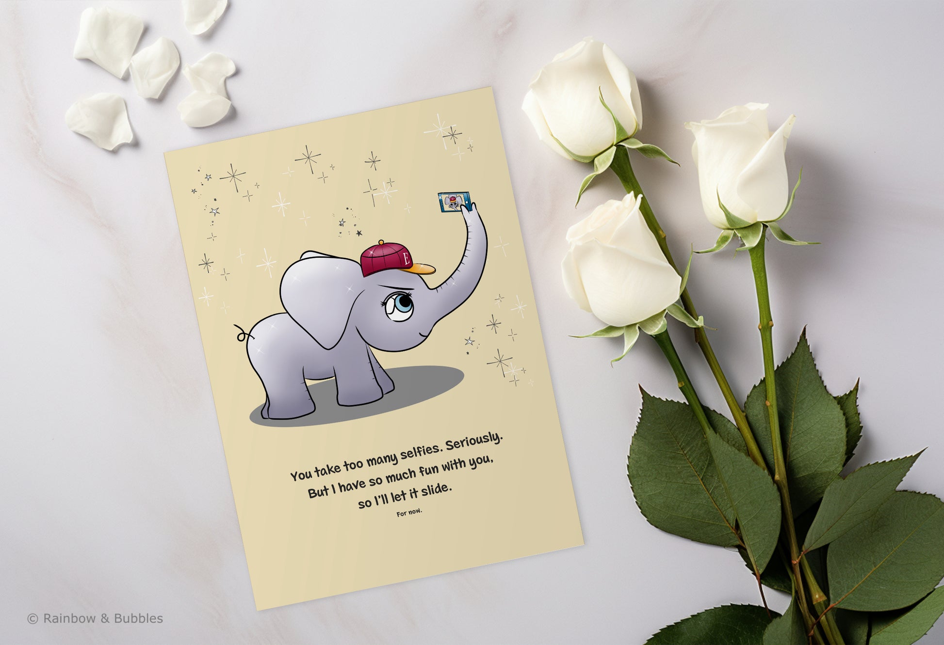 A kawaii greeting card from Rainbow & Bubbles, showing an elephant taking a selfie.