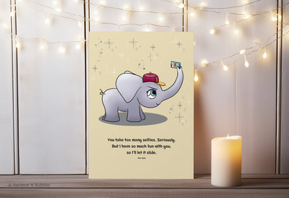 A kawaii greeting card from Rainbow & Bubbles, showing an elephant taking a selfie.