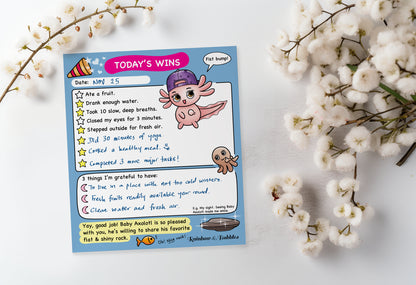 Today's Wins guided kawaii notepad from Rainbow & Bubbles, with an example.
